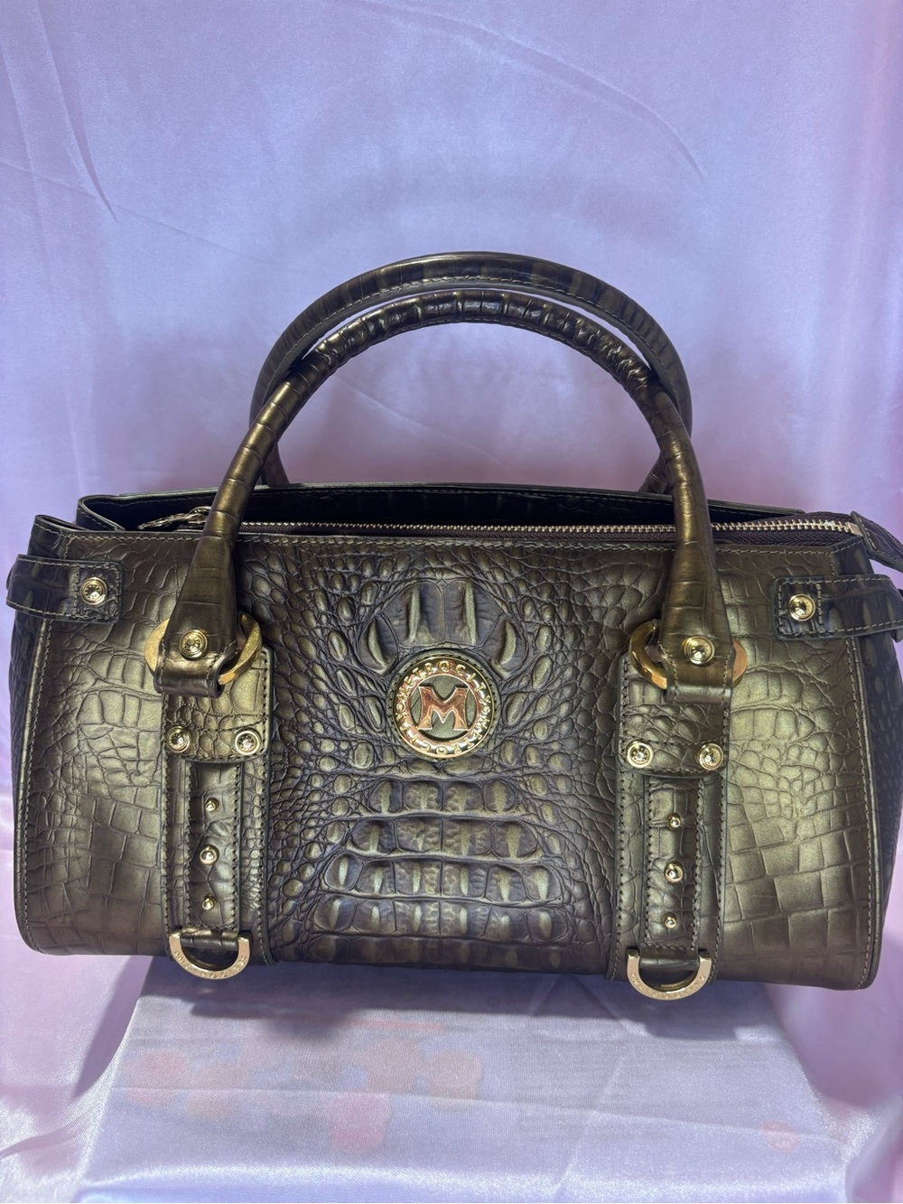 Metrocity -Embossed Structured Satchel Handbag – Metallic Bronze/brown/olive